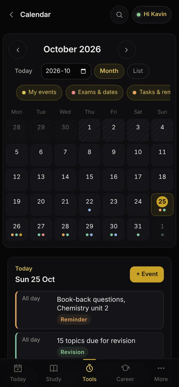 The calendar with classes, a test and study blocks